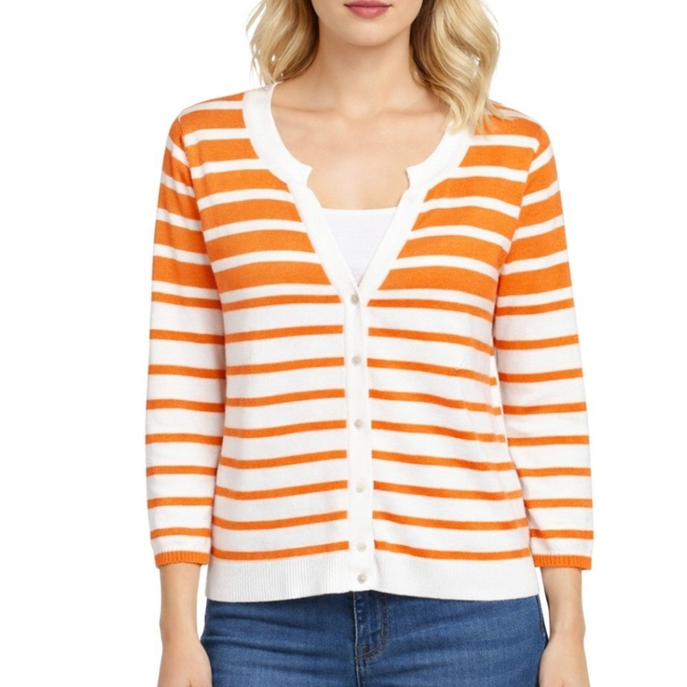 Neiman Marcus Womens Orange White Striped Button Front Cardigan Sweater Size XL